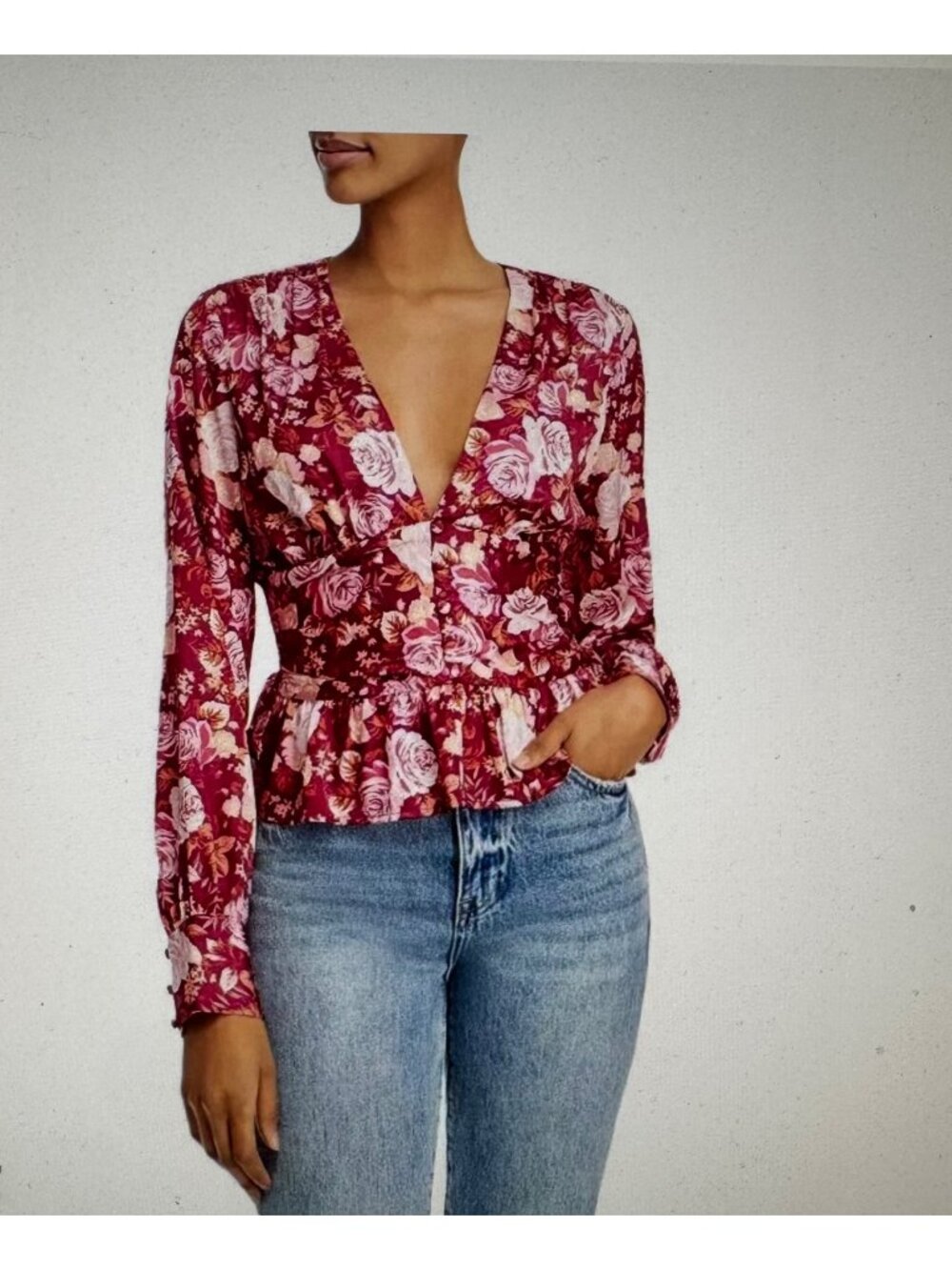 WAYF Womens Floral V-Neck Long Sleeve Blouse Large